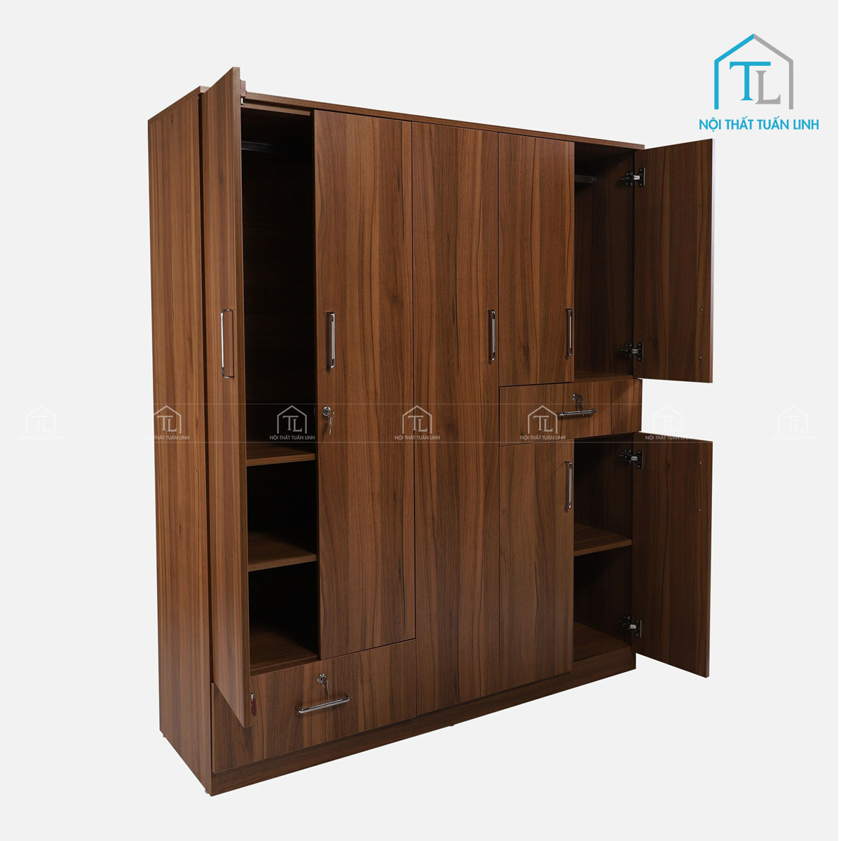 Tủ quần áo 5 cánh gỗ MDF vânn gỗ óc chó hiện đại