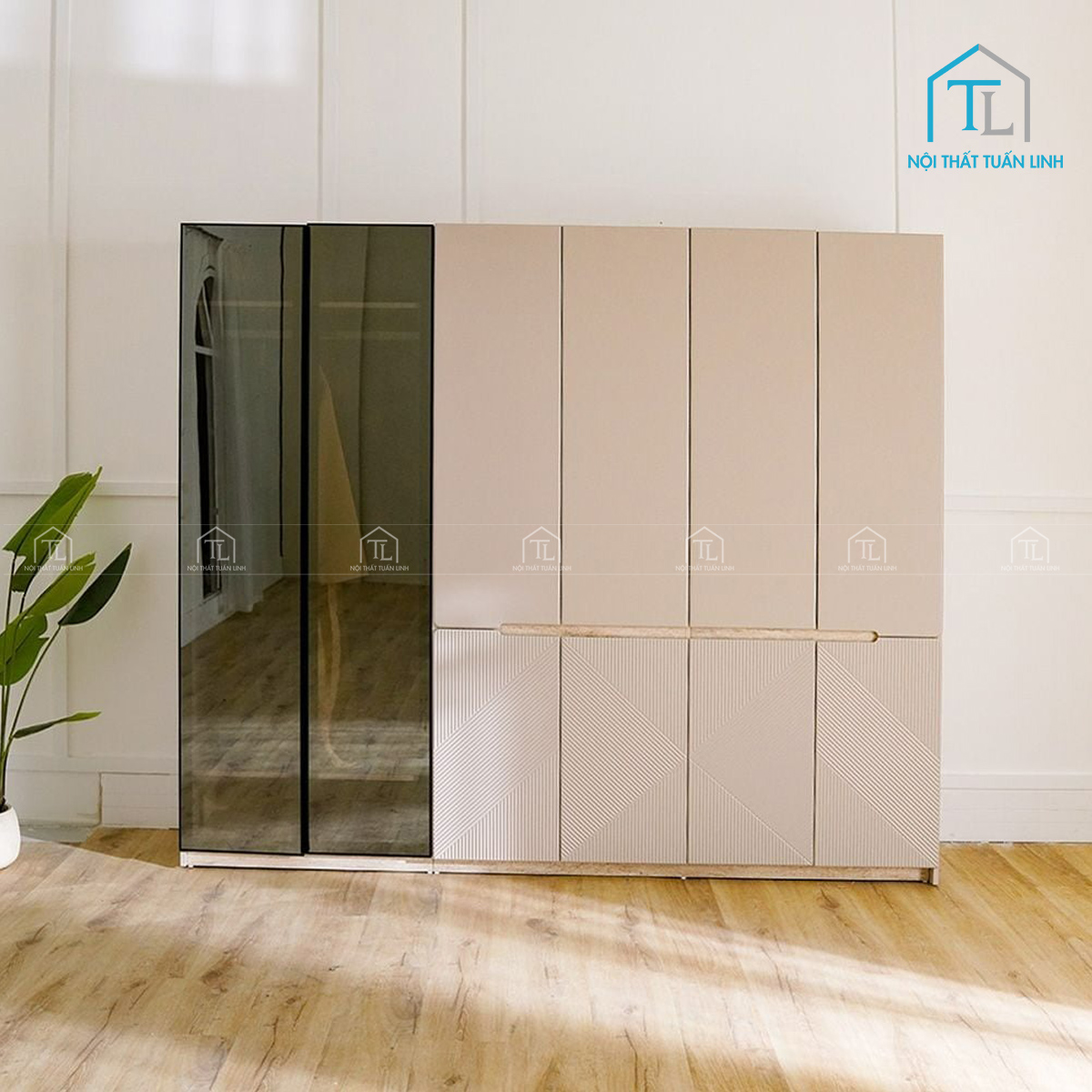 Tủ quần áo 6 cánh MDF cánh kính thiết kế hiện đại màu be