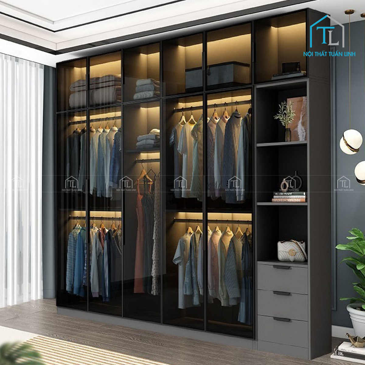 Tủ quần áo cánh kính 6 cánh gỗ MDF màu xám hiện đại