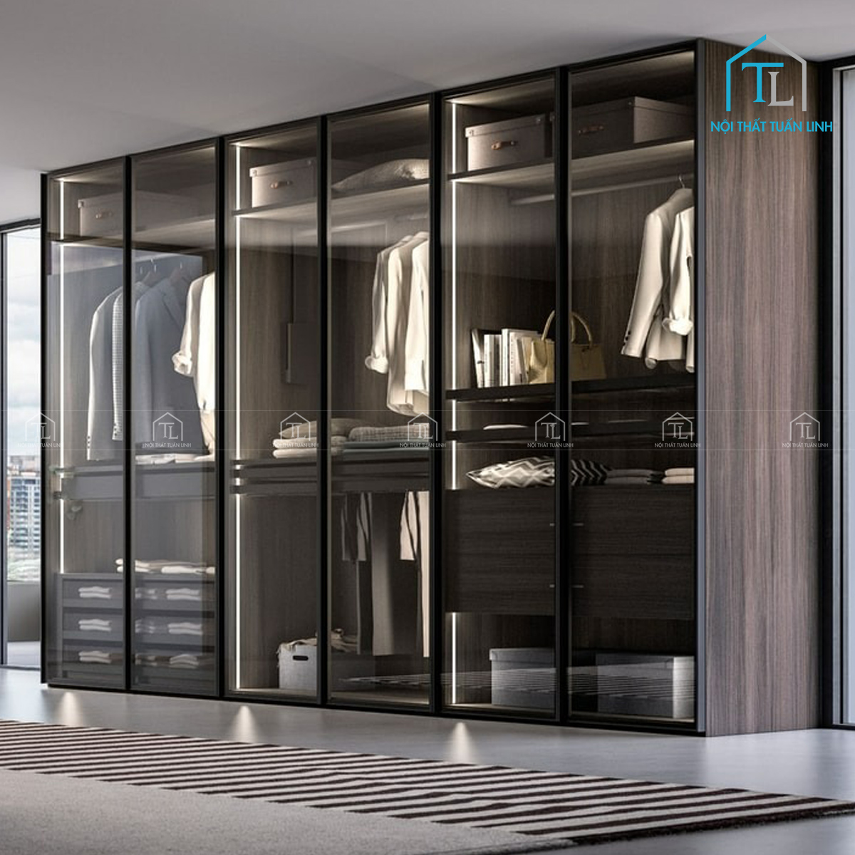 Tủ quần áo cánh kính 6 cánh gỗ MDF thiết kế vân gỗ tích hợp đèn LED hiện đại