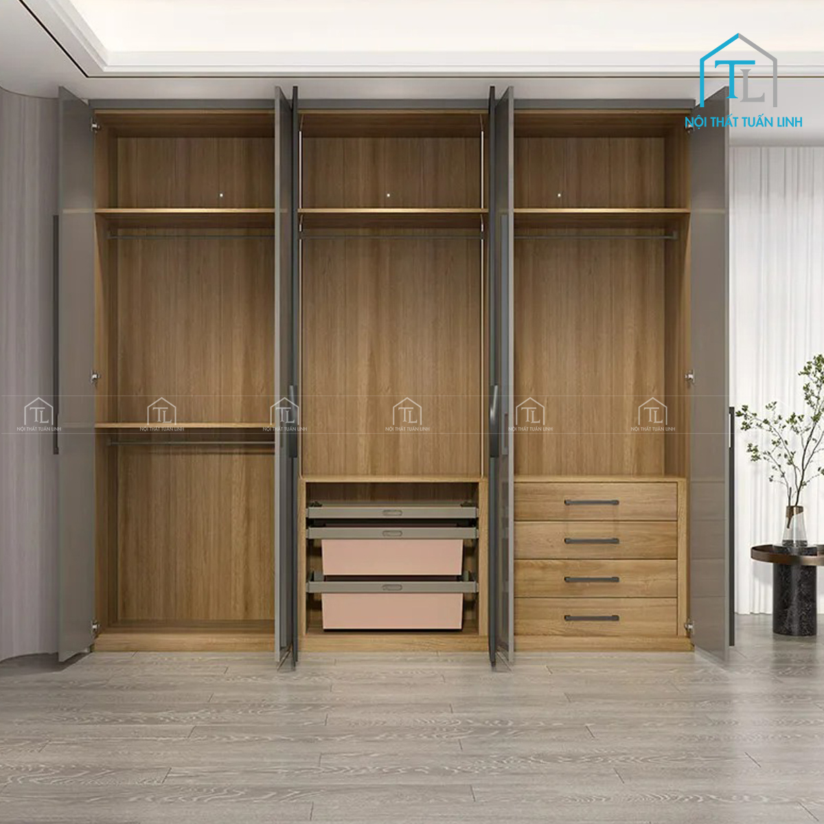 Tủ quần áo cánh kính 6 cánh màu xám hiện đại