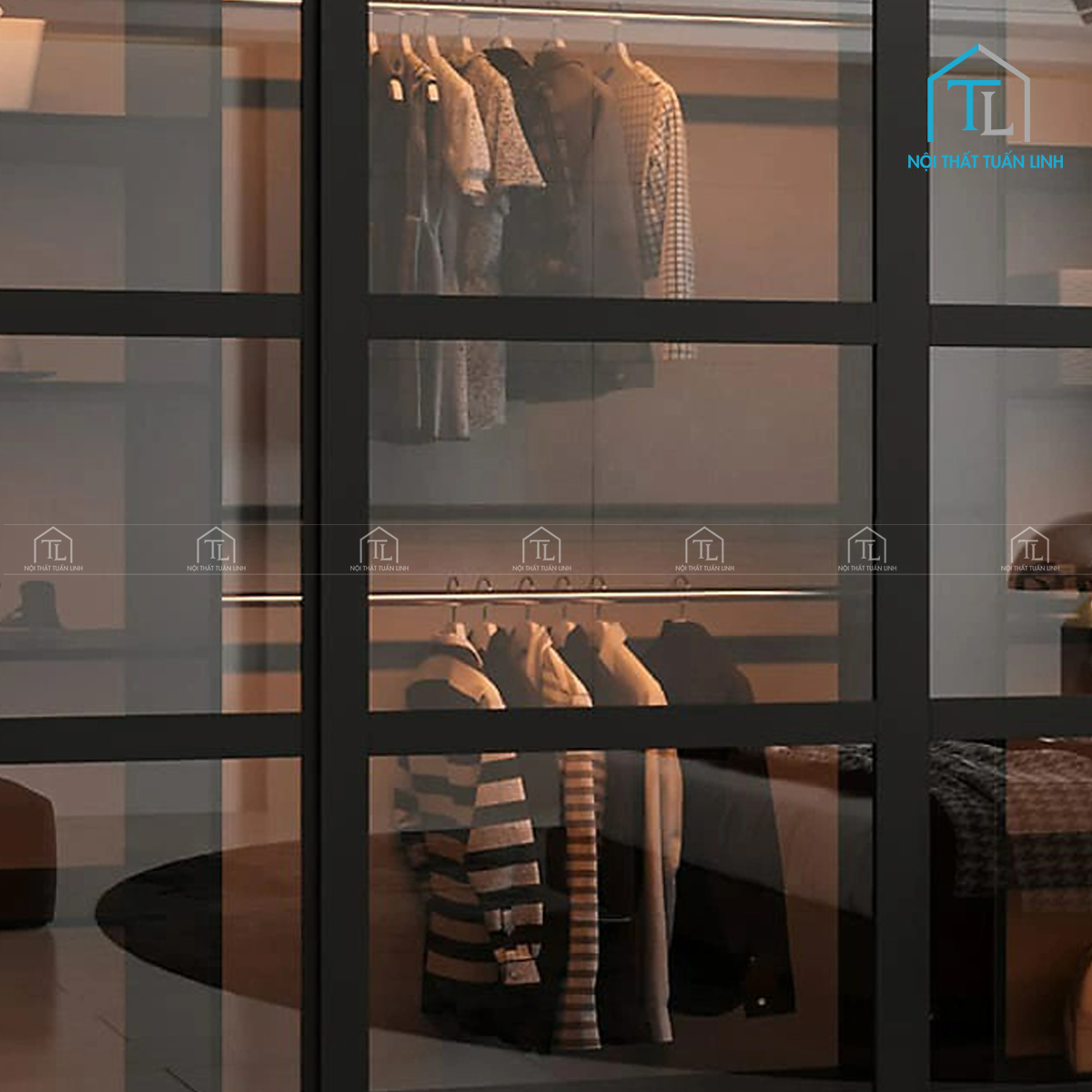 Tủ quần áo cánh kính cửa lùa màu đen hiện đại