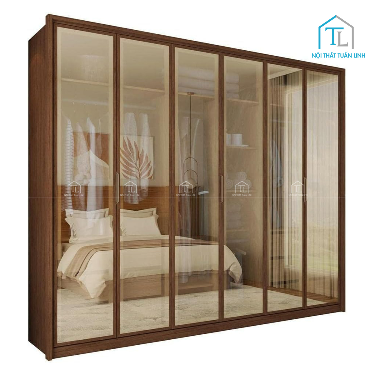 Tủ quần áo cánh kính gỗ công nghiệp 6 cánh có ngăn kéo
