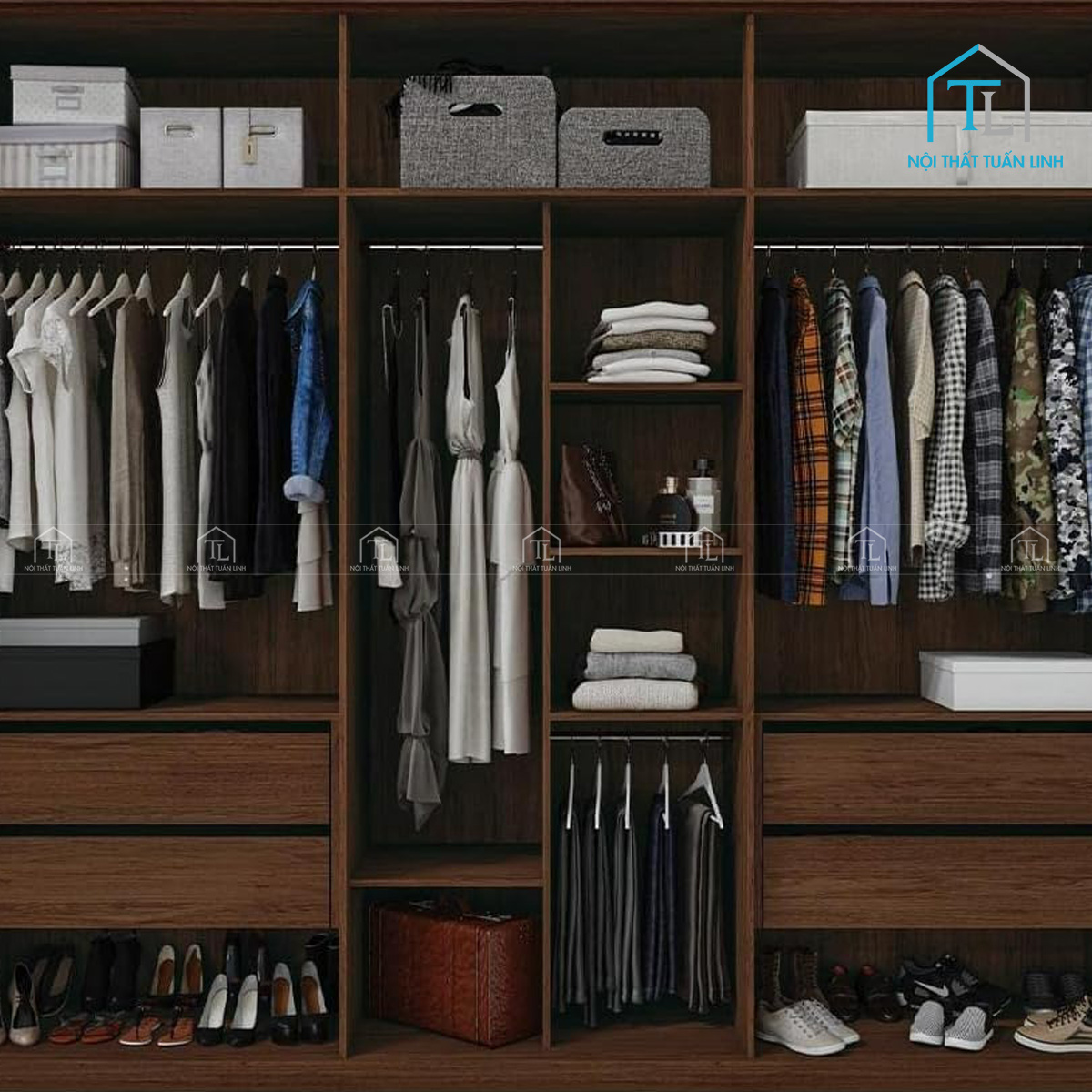 Tủ quần áo cánh kính gỗ công nghiệp 6 cánh có ngăn kéo