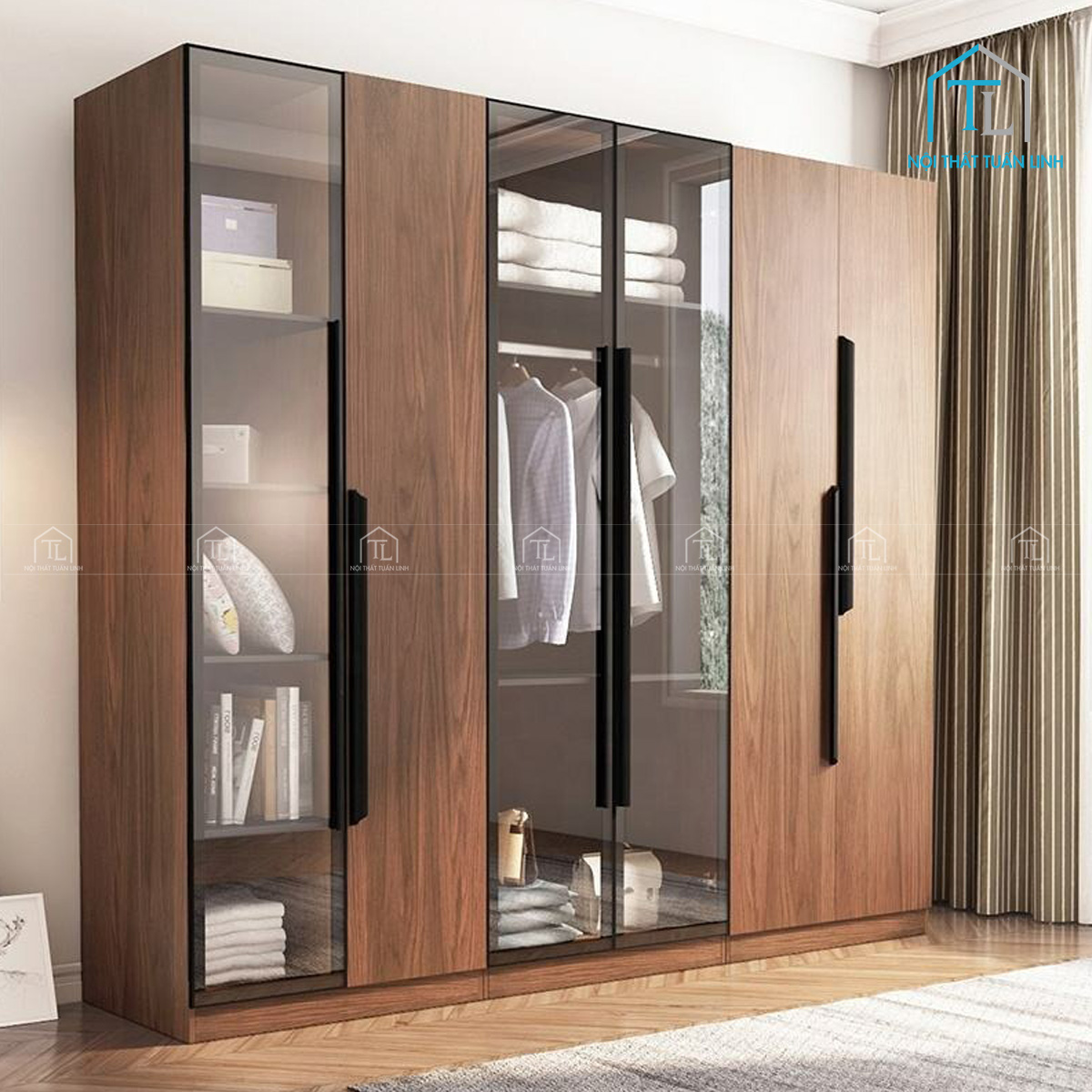 Tủ quần áo cánh kính gỗ MDF phong cách hiện đại cho phòng ngủ