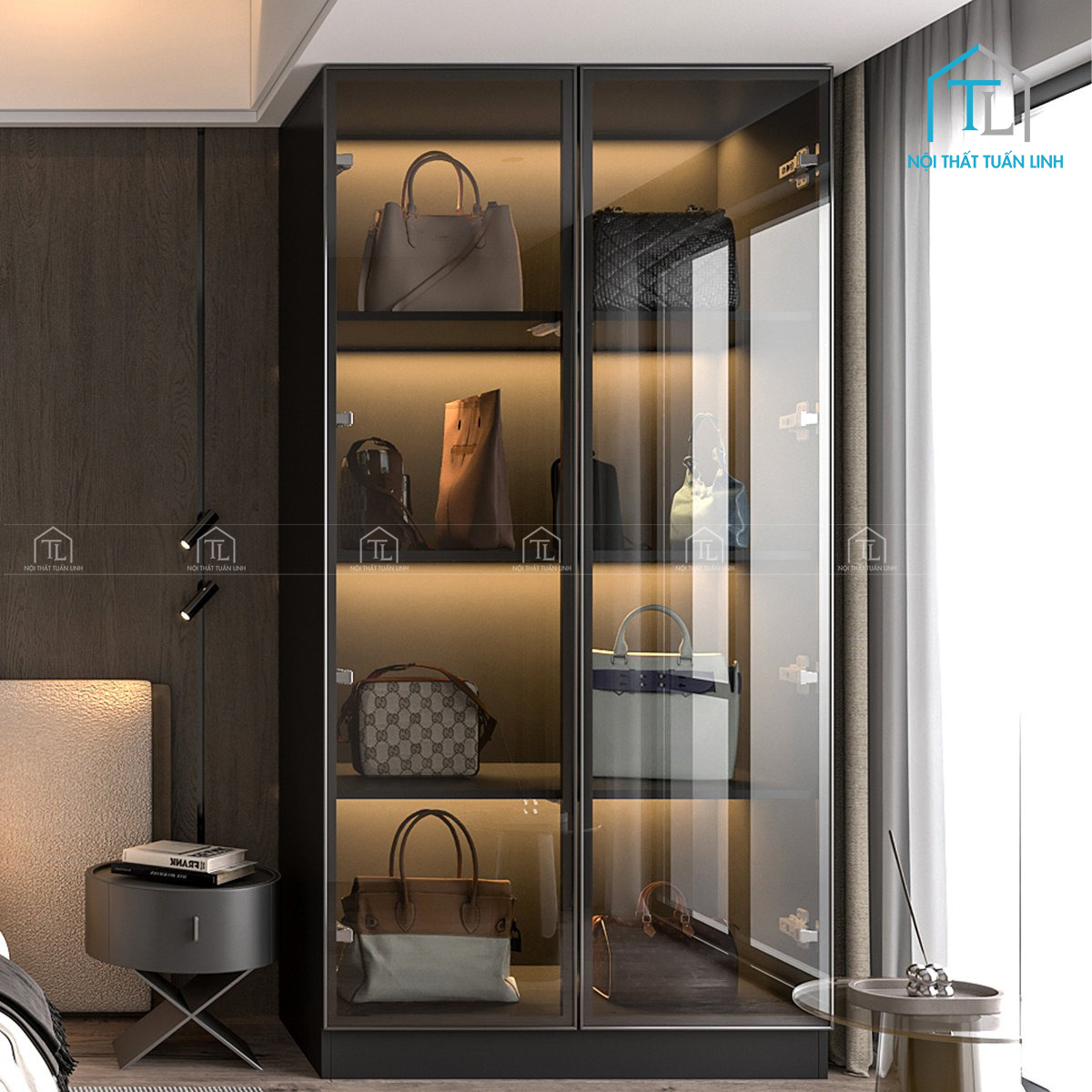 Tủ quần áo cánh kính gỗ MDF tích hợp đèn LED thiết kế hiện đại