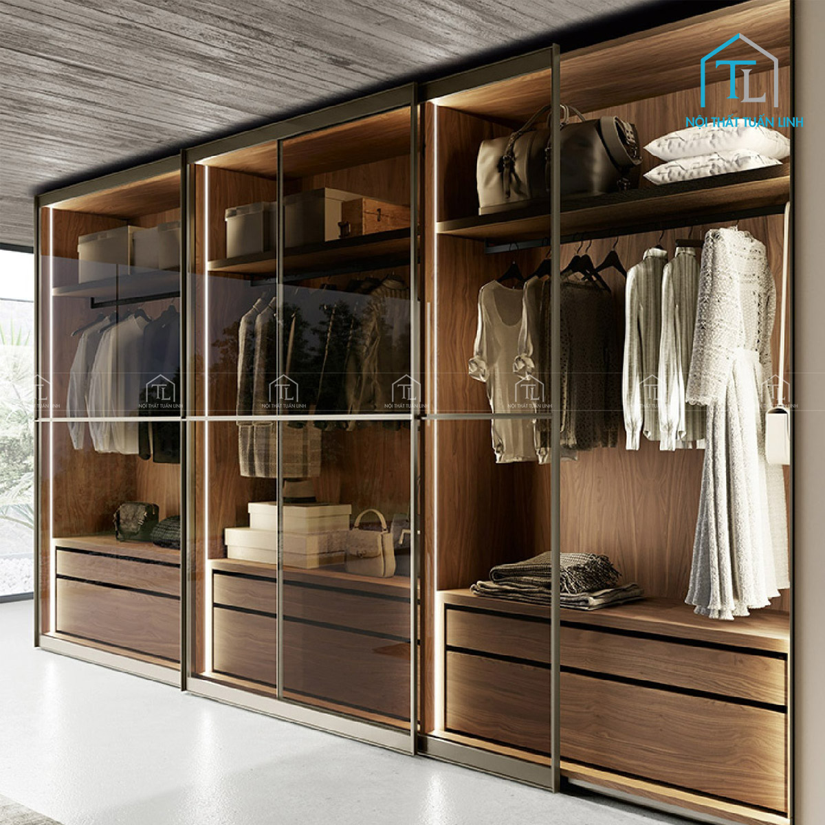 Tủ quần áo cánh kính lớn sang trọng phong cách hiện đại