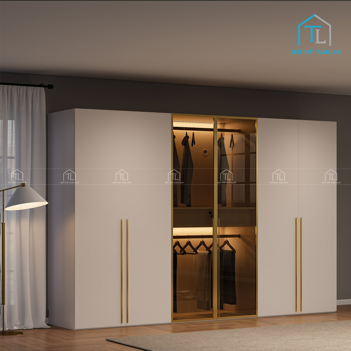 Tủ quần áo cánh kính MDF màu trắng thiết kế hiện đại tích hợp đèn led