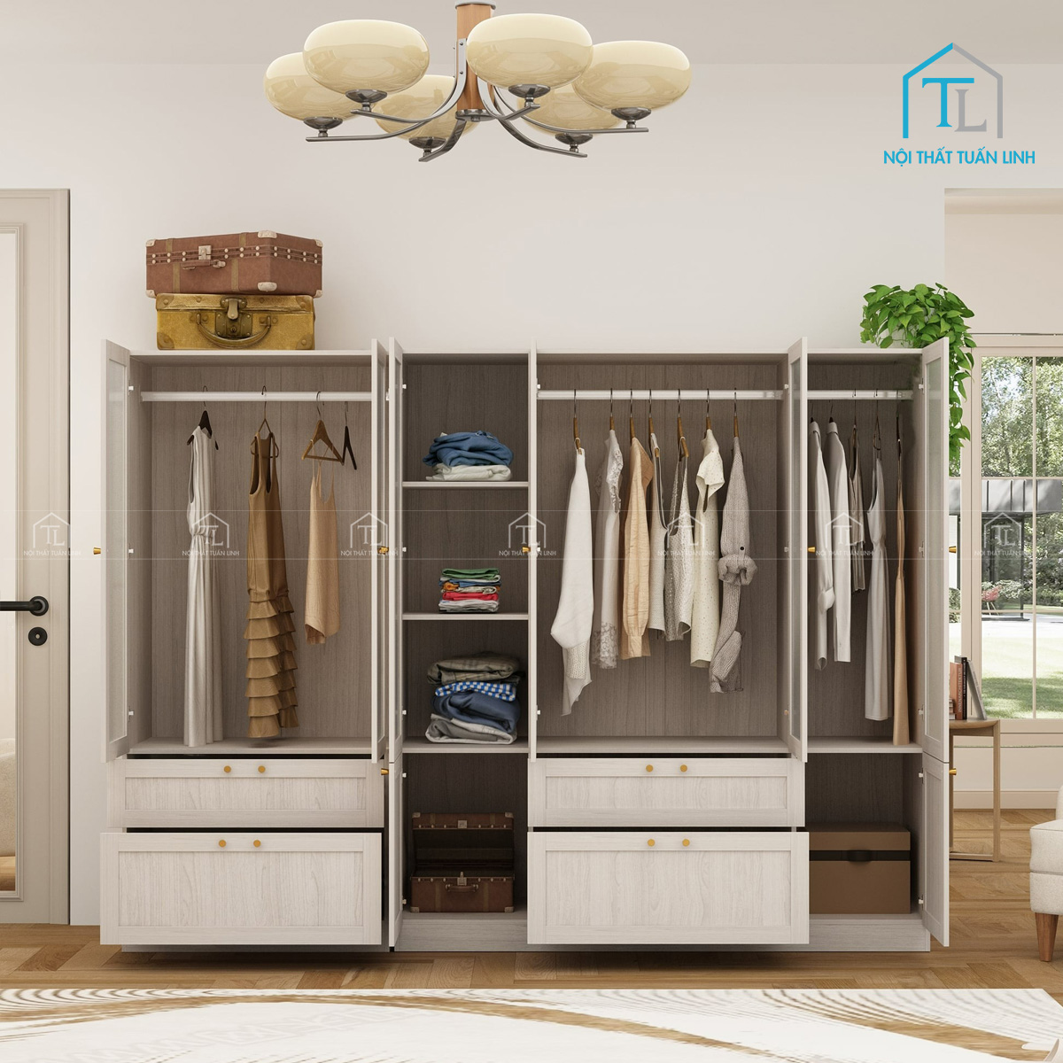 Tủ quần áo cánh kính mờ vân gỗ gam màu xám hiện đại