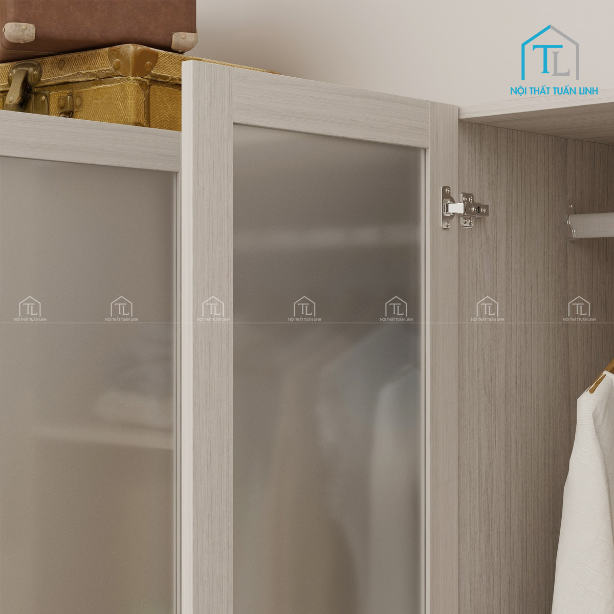 Tủ quần áo cánh kính mờ vân gỗ gam màu xám hiện đại