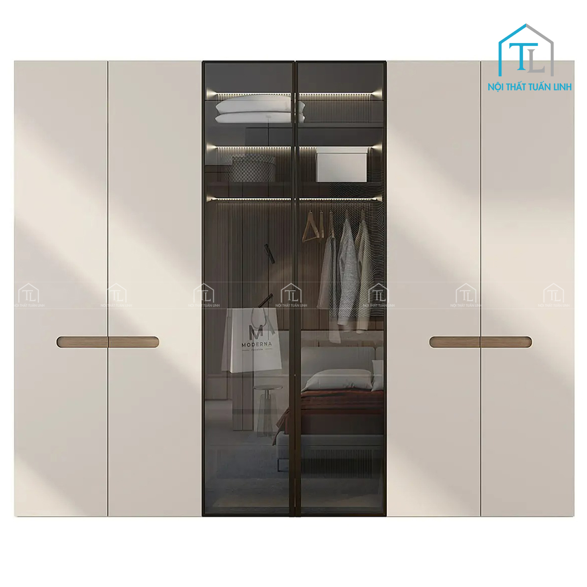 Tủ quần áo cánh kính tối màu kết hợp gỗ MDF 6 cánh thiết kế hiện đại cao cấp