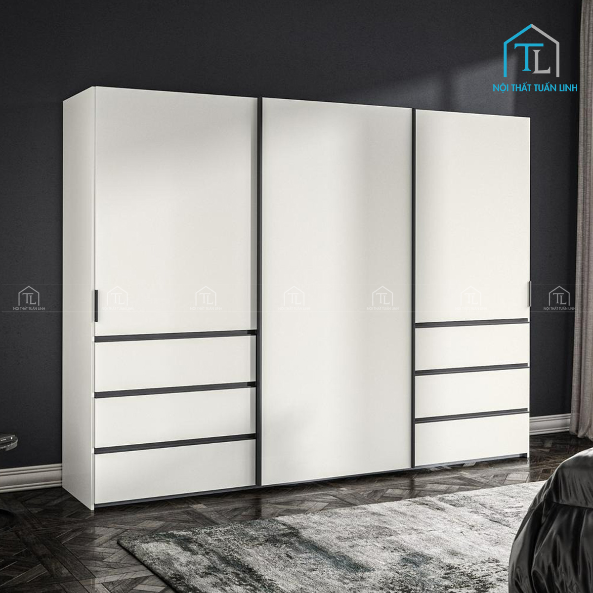 Tủ quần áo cửa lùa 3 cánh gỗ MDF phủ sơn mờ hiện đại kèm ngăn kéo