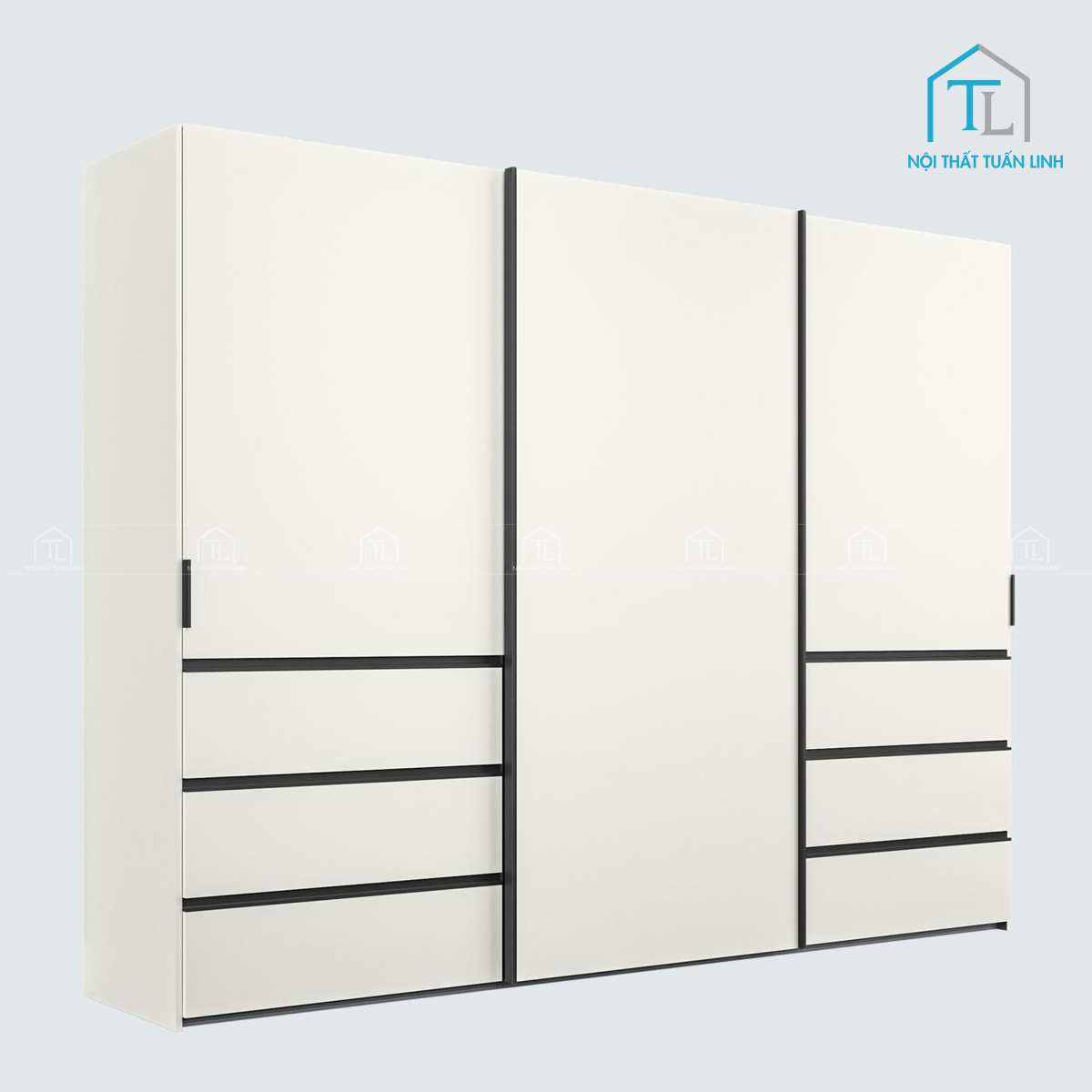 Tủ quần áo cửa lùa 3 cánh gỗ MDF phủ sơn mờ hiện đại kèm ngăn kéo