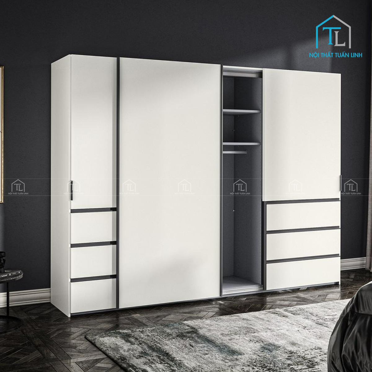 Tủ quần áo cửa lùa 3 cánh gỗ MDF phủ sơn mờ hiện đại kèm ngăn kéo
