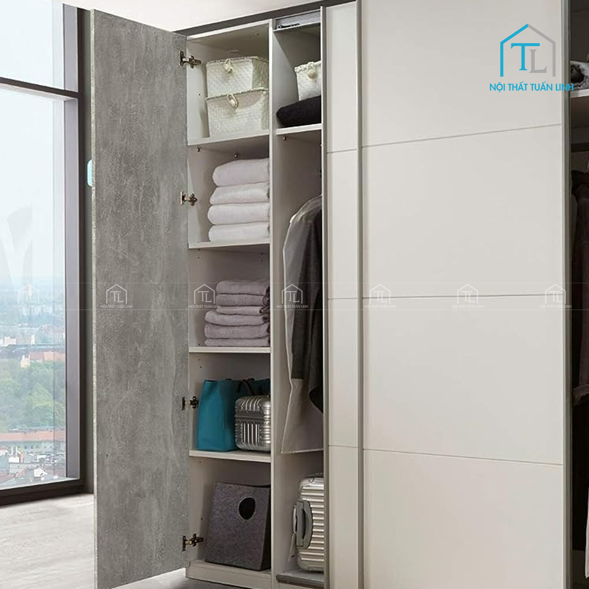 Tủ quần áo cửa lùa 4 cánh gỗ MDF màu trắng hiện đại phối xám