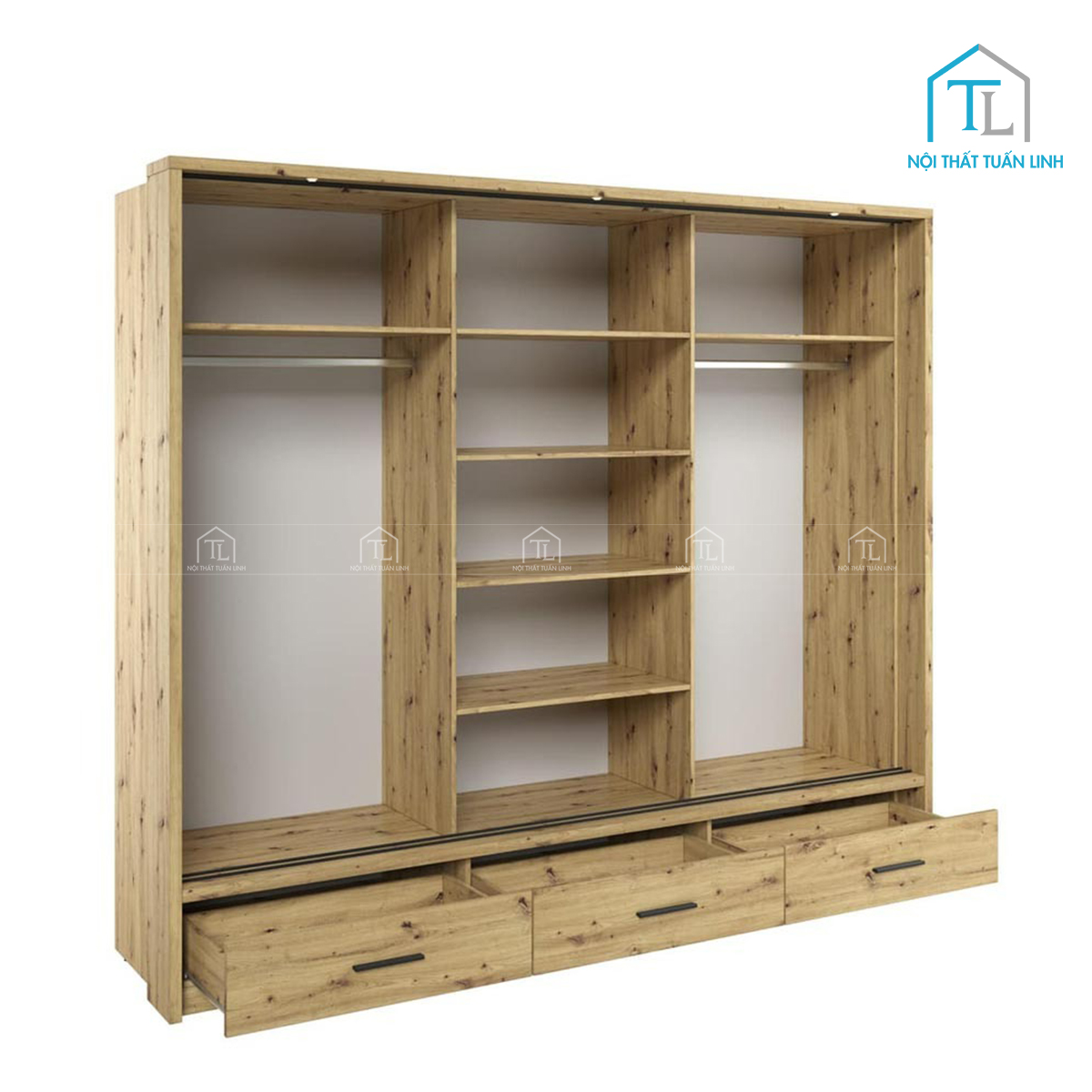 Tủ quần áo cửa lùa gỗ công nghiệp vân gỗ sồi có gương hiện đại