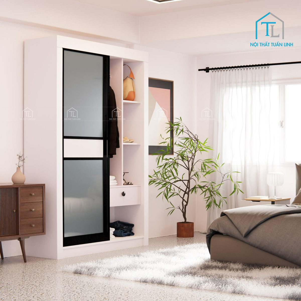 Tủ quần áo cửa lùa gỗ MDF gam màu trắng, tối ưu không gian phòng ngủ