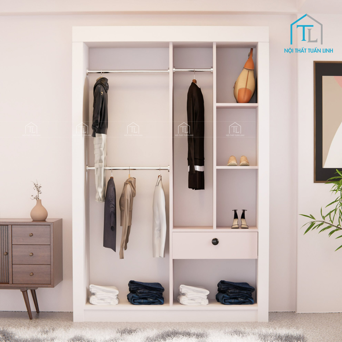 Tủ quần áo cửa lùa gỗ MDF gam màu trắng, tối ưu không gian phòng ngủ