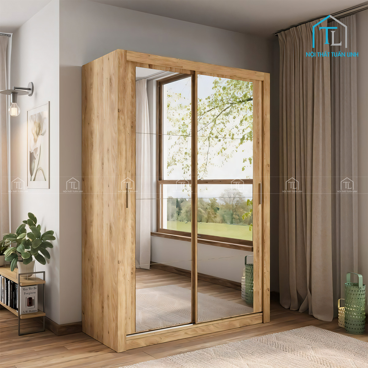 Tủ quần áo cửa lùa gỗ MDF vân gỗ sồi tích hợp gương hiện đại