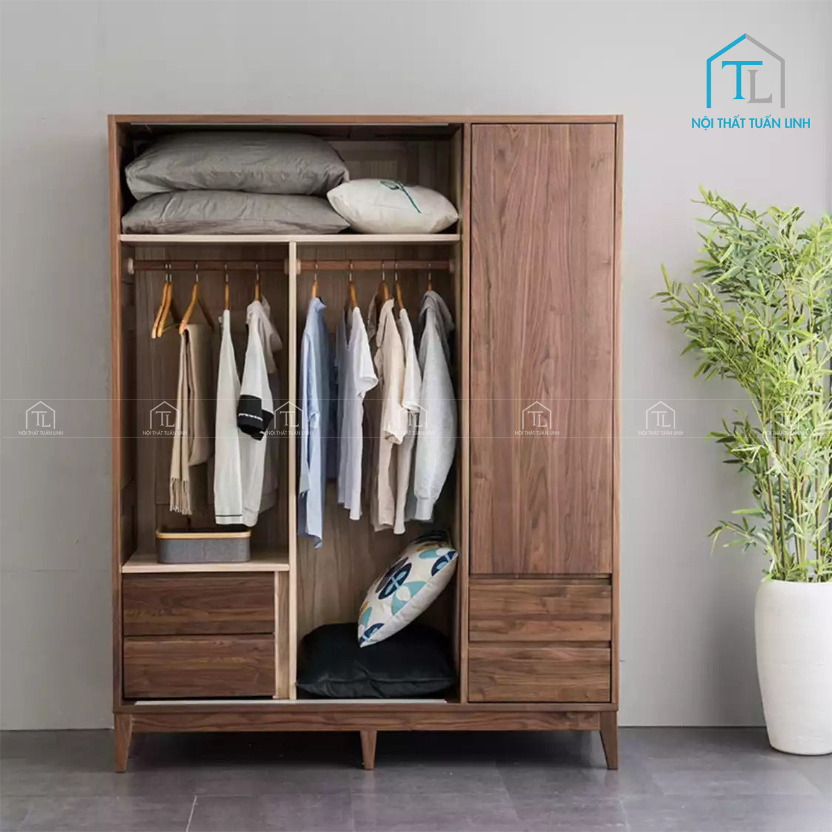 Tủ quần áo cửa lùa gỗ óc chó tự nhiên cao cấp