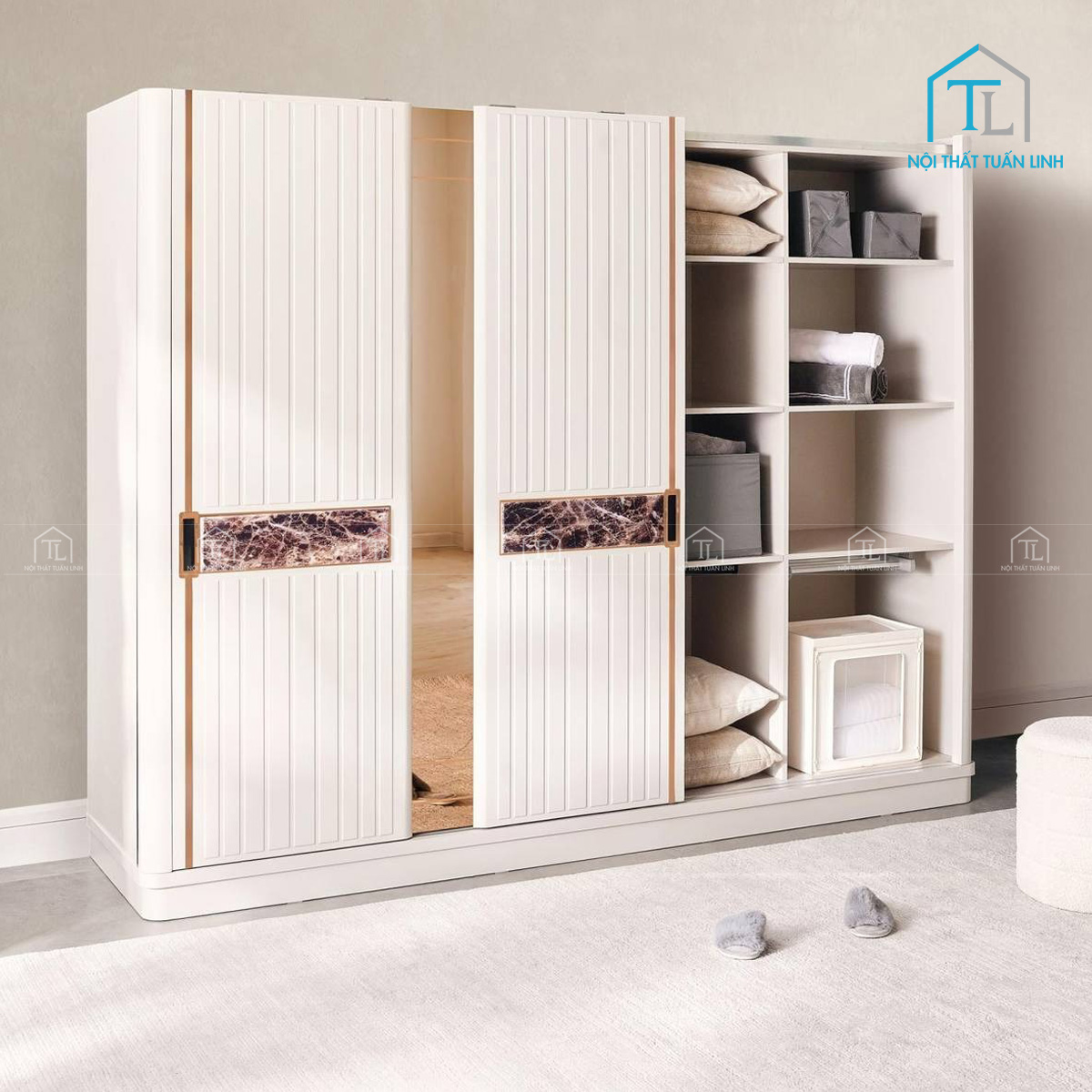 Tủ quần áo cửa lùa gương màu kem gỗ MDF thiết kế hiện đại