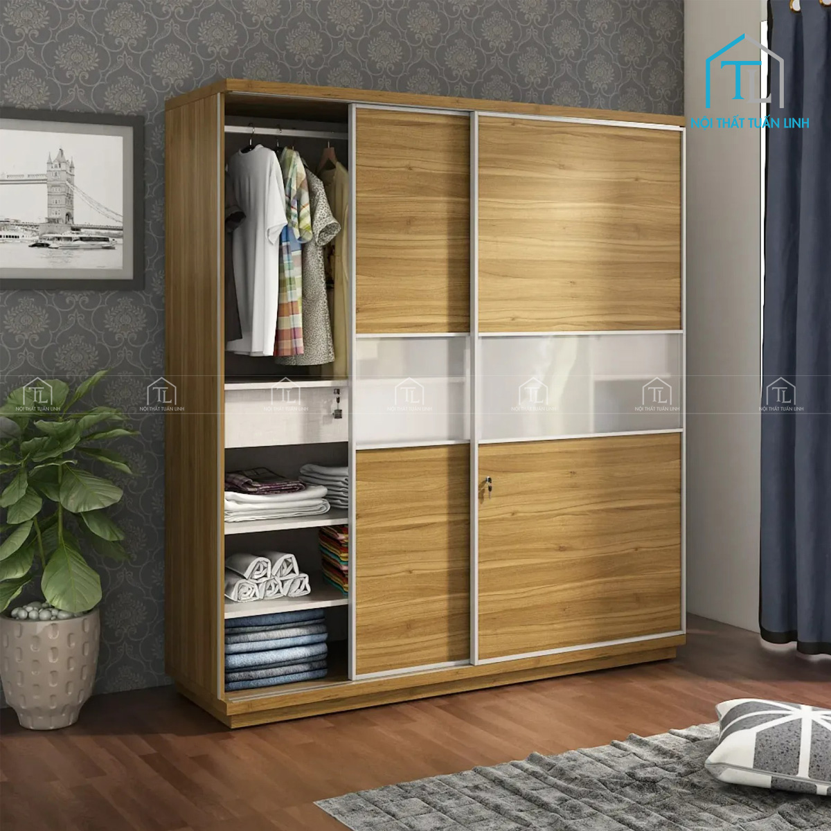 Tủ quần áo cửa lùa hiện đại màu nâu vàng tiện ích sang trọng