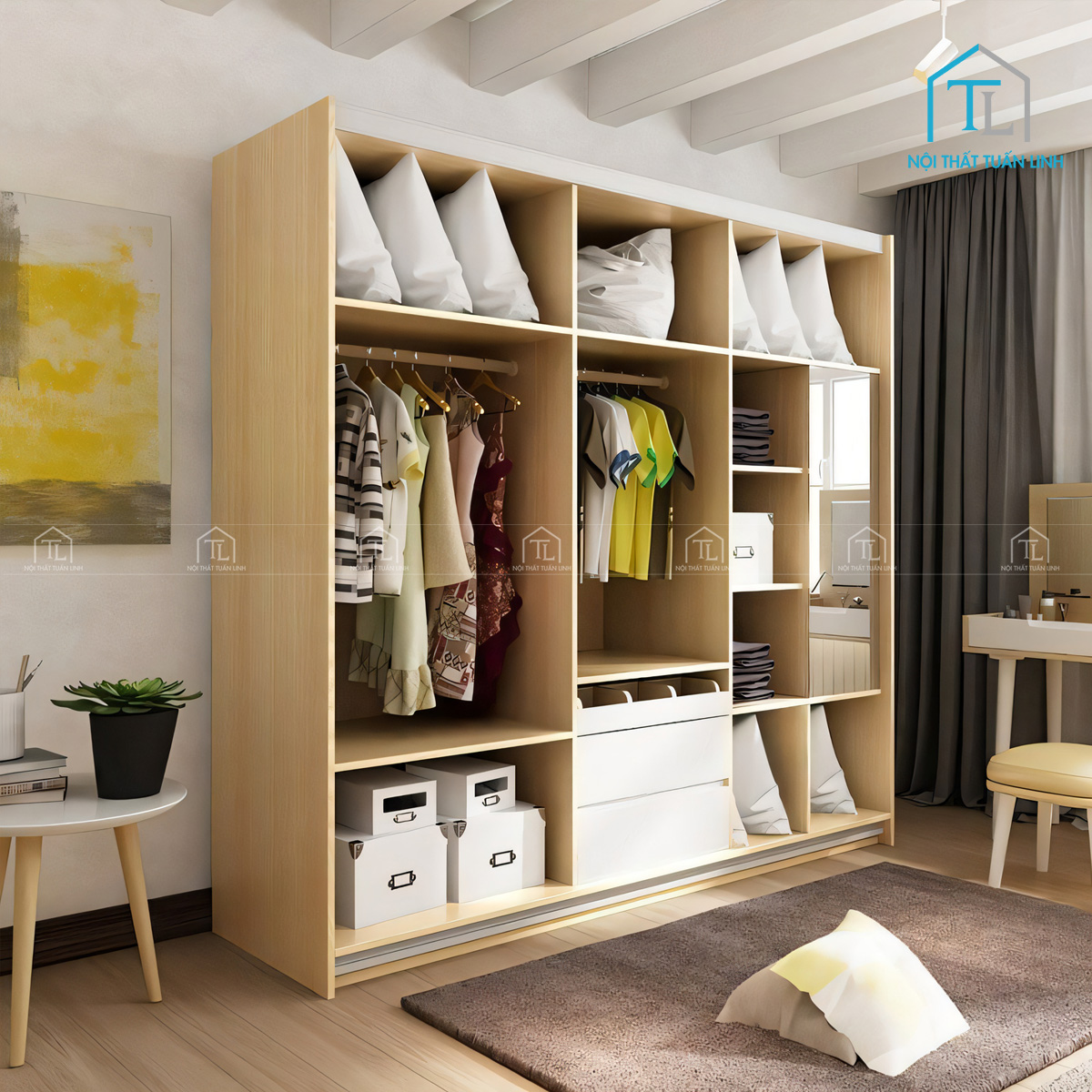 Tủ quần áo cửa lùa MDF vân gỗ phong cách Bắc Âu