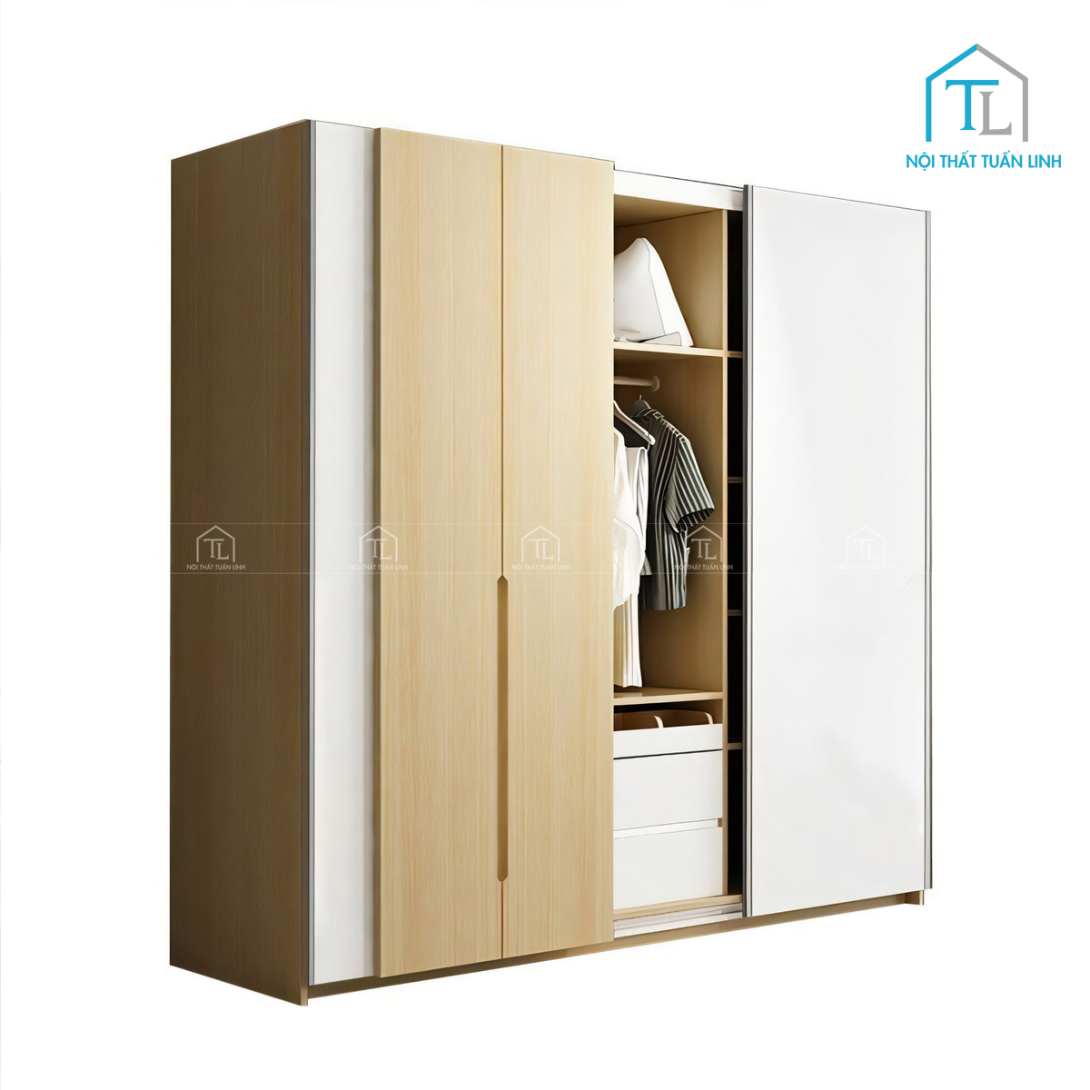 Tủ quần áo cửa lùa MDF vân gỗ phong cách Bắc Âu