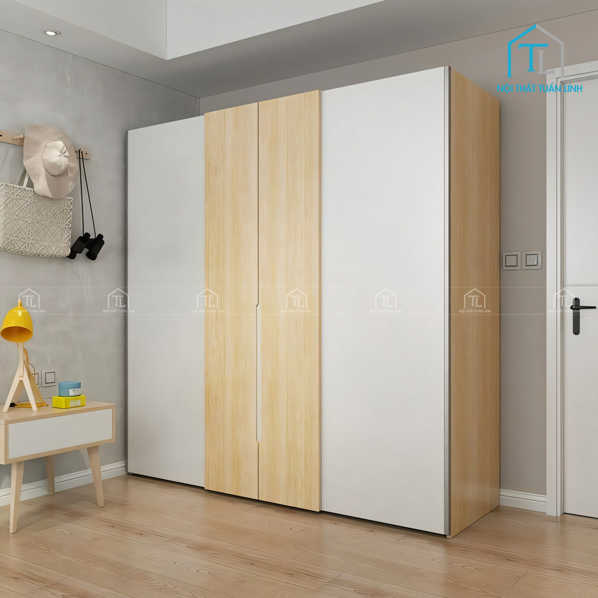 Tủ quần áo cửa lùa MDF vân gỗ phong cách Bắc Âu
