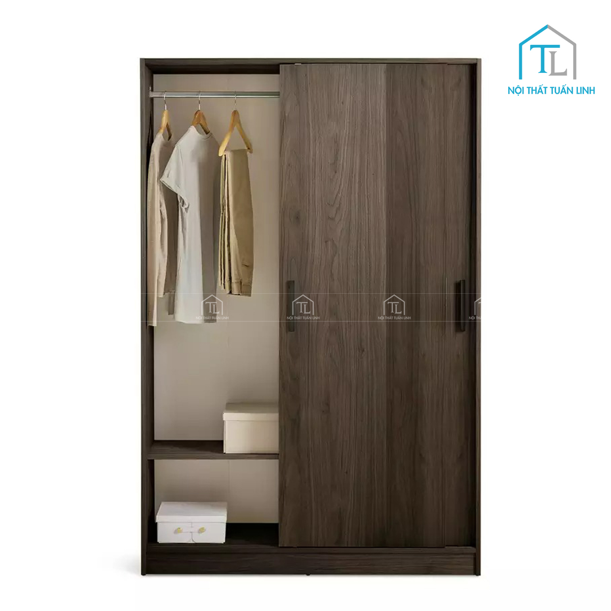 Tủ quần áo cửa lùa 2 cánh gỗ MDF vân gỗ óc chó hiện đại