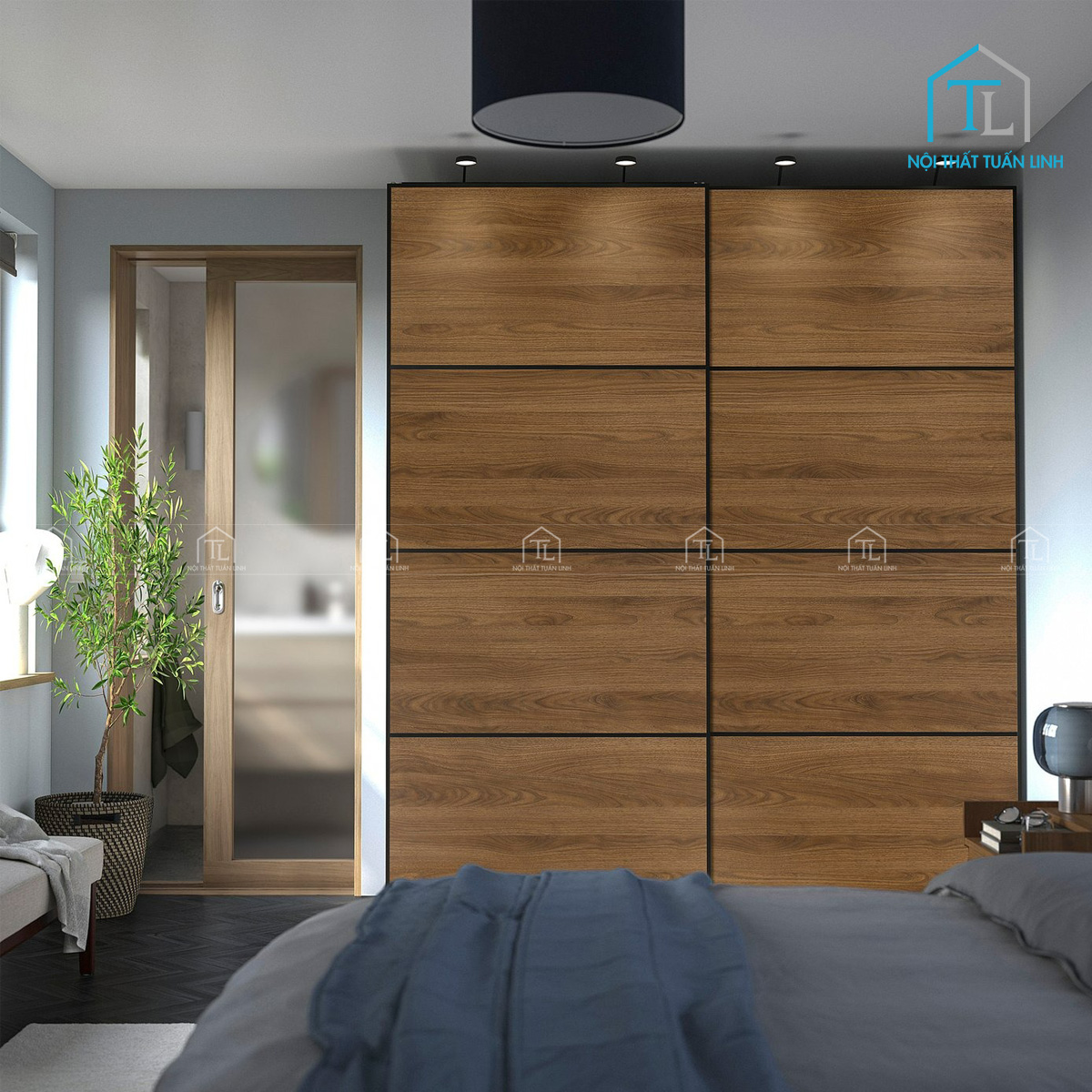 Tủ quần áo cửa lùa vân gỗ óc chó hai cánh gỗ MDF hiện đại