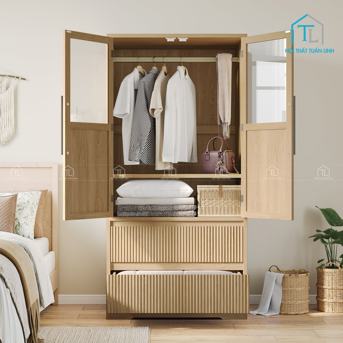 Tủ quần áo đứng MDF 2 cánh có ngăn kéo, thanh treo & kệ lưu trữ