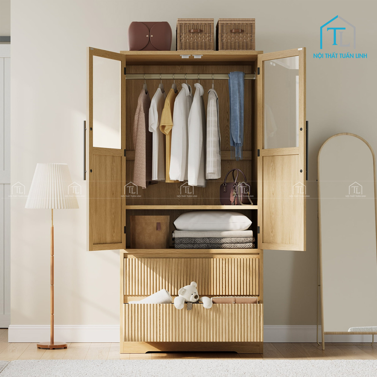 Tủ quần áo đứng MDF 2 cánh có ngăn kéo, thanh treo & kệ lưu trữ