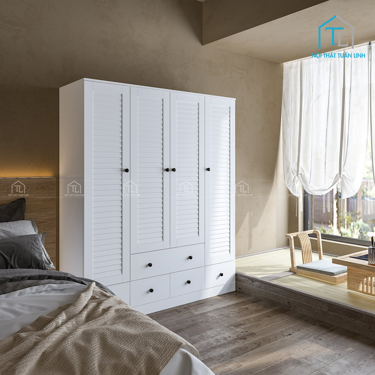 Tủ quần áo gỗ MDF 4 cánh cửa lá sách màu trắng, tích hợp ngăn kệ & ngăn kéo tiện lợi