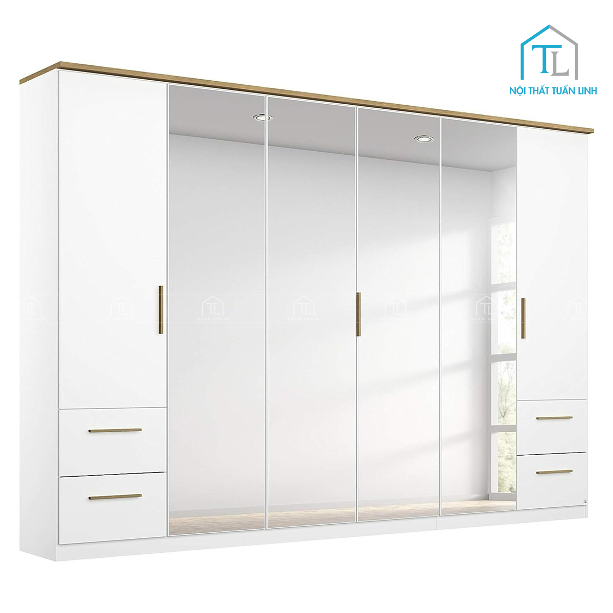 Tủ quần áo gỗ công nghiệp 6 cánh mở 4 ngăn kéo phối trắng sồi hiện đại