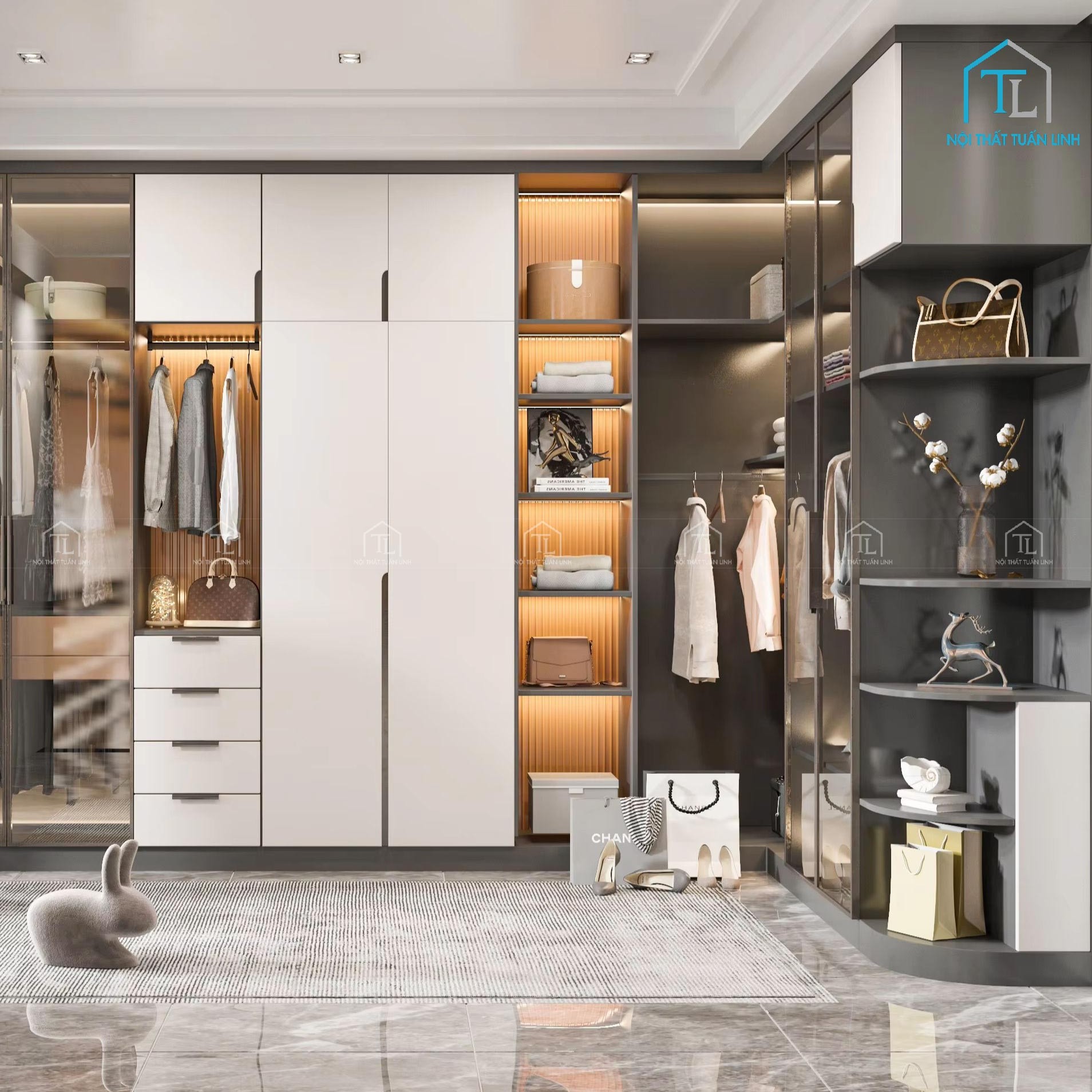 Tủ quần áo gỗ công nghiệp MDF màu trắng