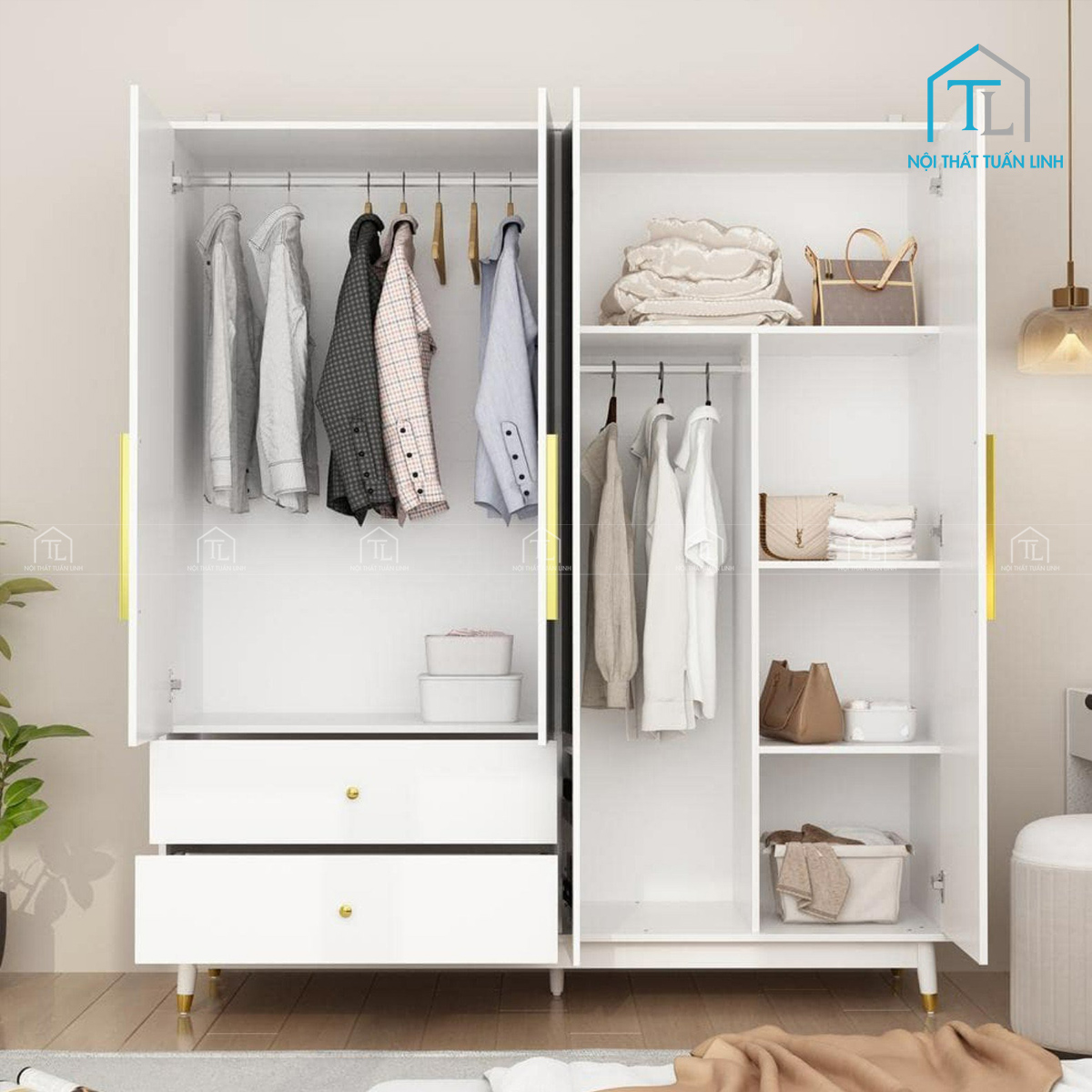 Tủ quần áo gỗ mdf màu trắng 1 cánh gương – thiết kế hiện đại, nhiều ngăn lưu trữ (1m4 x 2m)