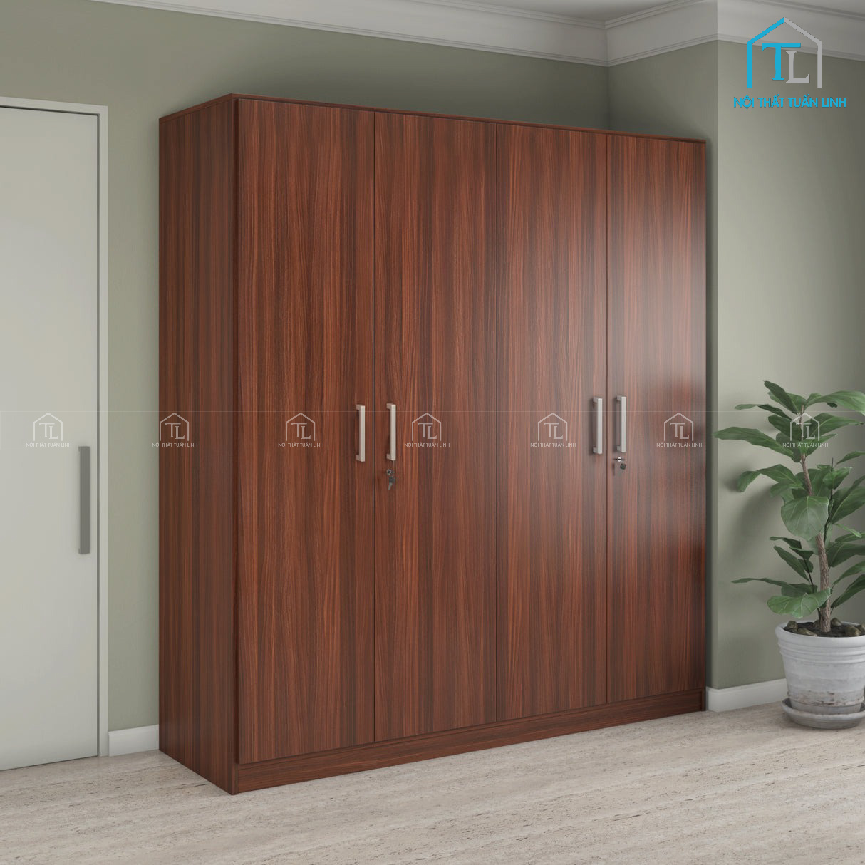Tủ quần áo gỗ óc chó tự nhiên 4 cánh kiểu đơn giản