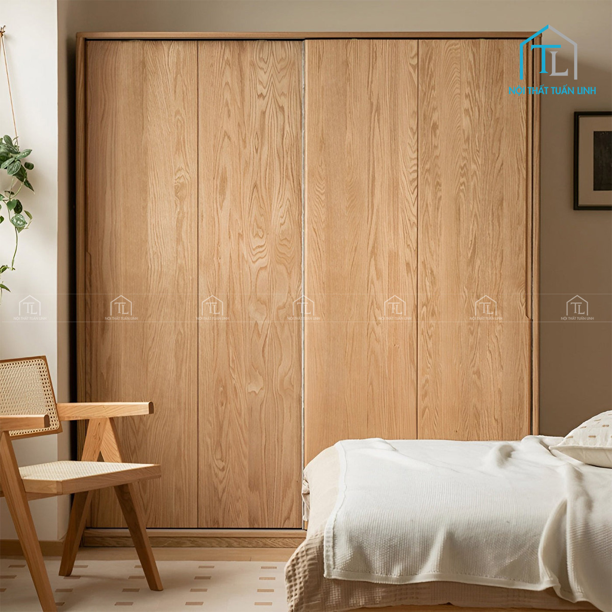 Tủ quần áo gỗ sồi tự nhiên cửa lùa thiết kế hiện đại, tiết kiệm không gian