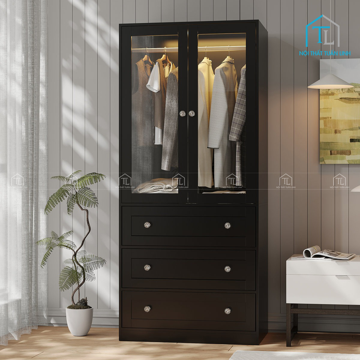 Tủ quần áo MDF 2 cánh kính kèm ngăn kéo và đèn LED hiện đại