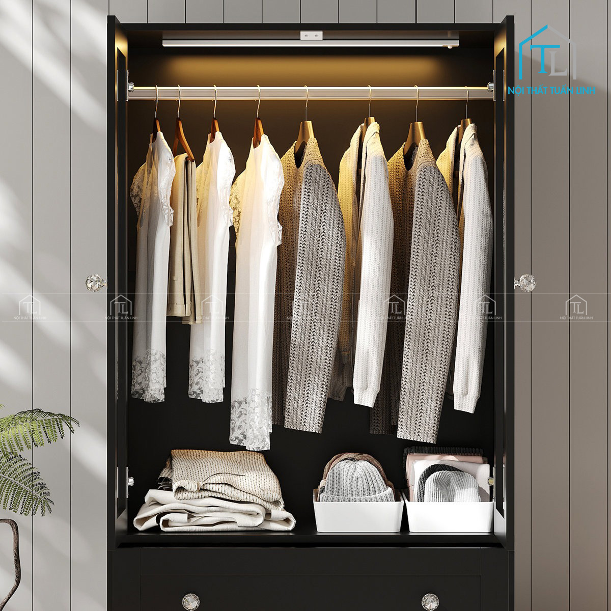 Tủ quần áo MDF 2 cánh kính kèm ngăn kéo và đèn LED hiện đại
