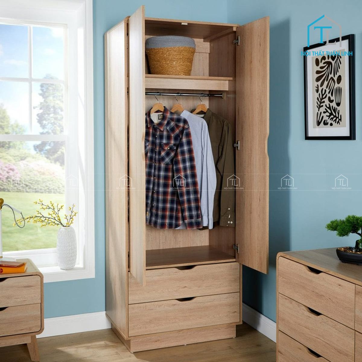 Tủ quần áo MDF 2 cánh phong cách mộc mạc, gọn gàng hiện đại
