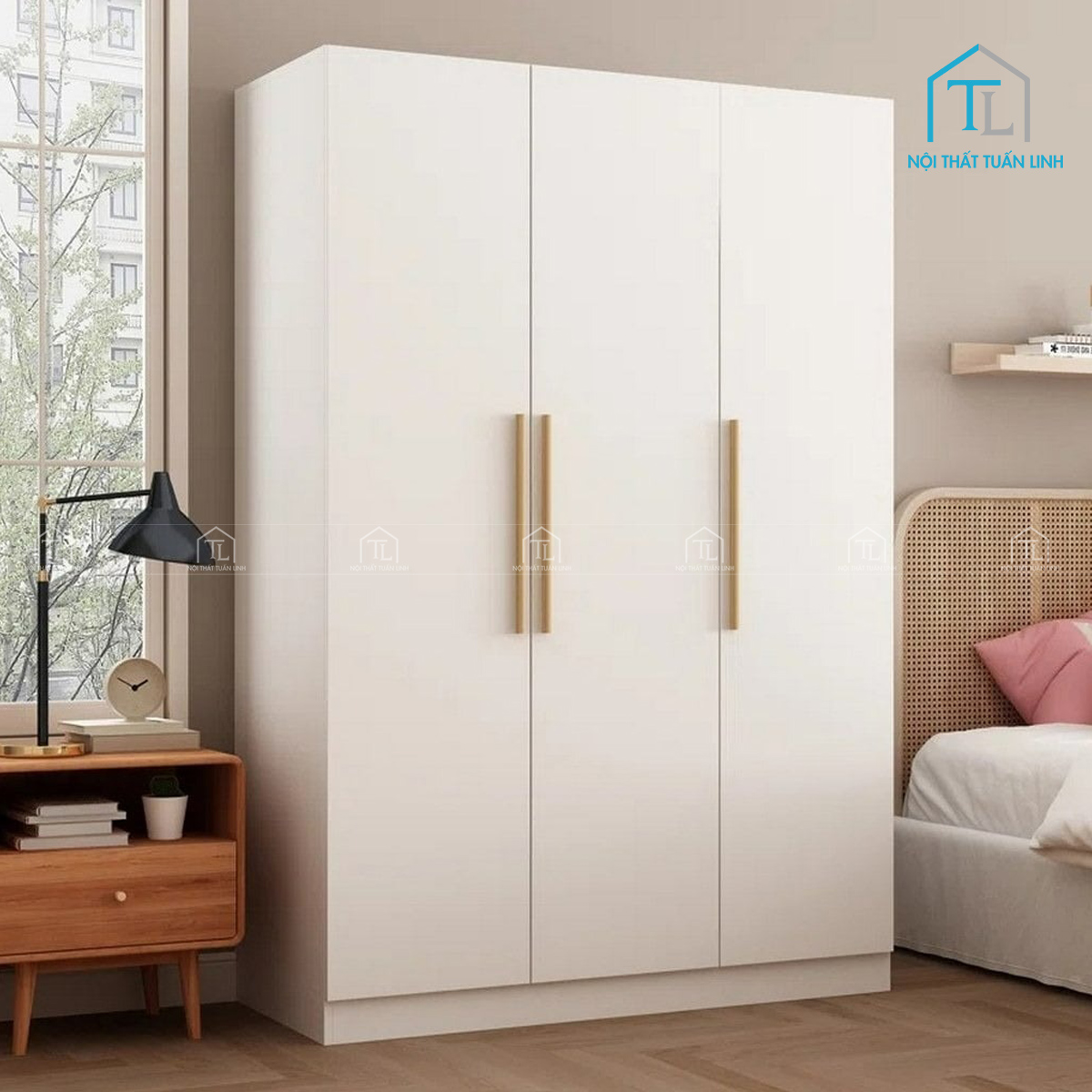 Tủ quần áo MDF 3 cánh màu trắng sơn, có kệ & thanh treo