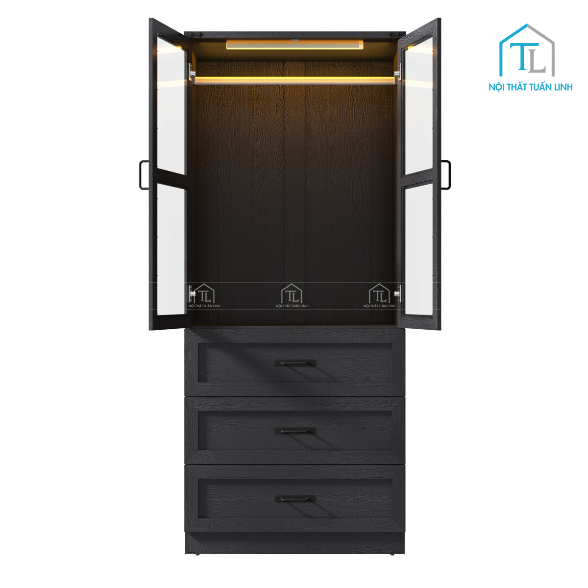 Tủ quần áo MDF cánh kính 2 cánh kèm ngăn kéo và đèn led
