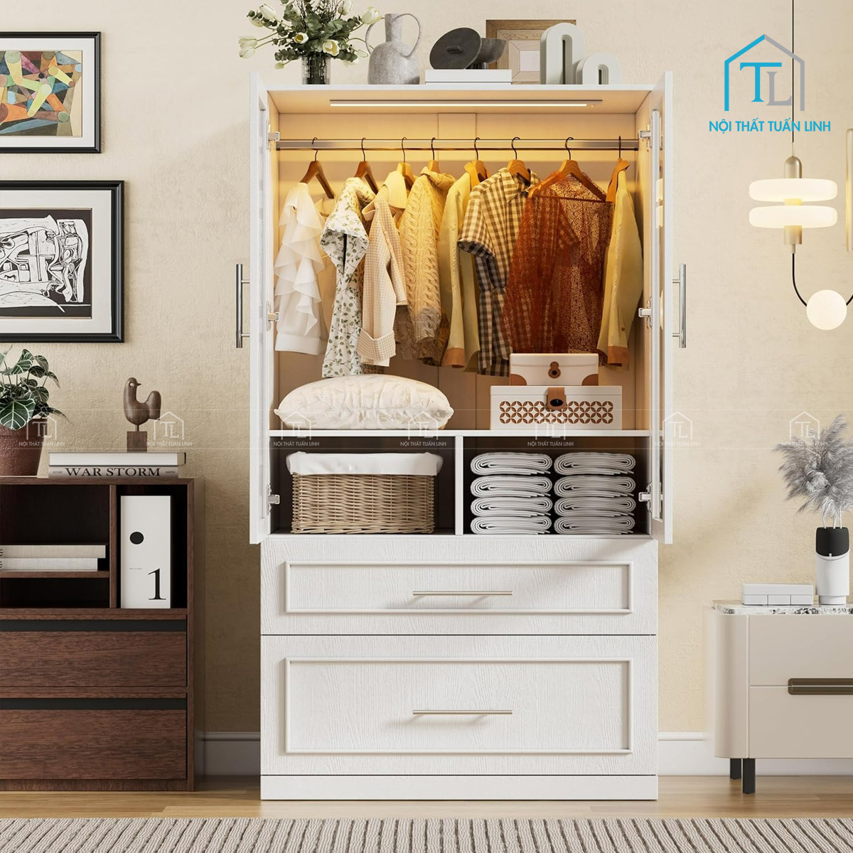 Tủ quần áo MDF cánh kính 2 cánh kèm ngăn kéo và đèn led