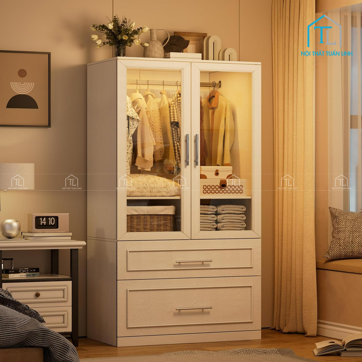 Tủ quần áo MDF cánh kính 2 cánh kèm ngăn kéo và đèn led