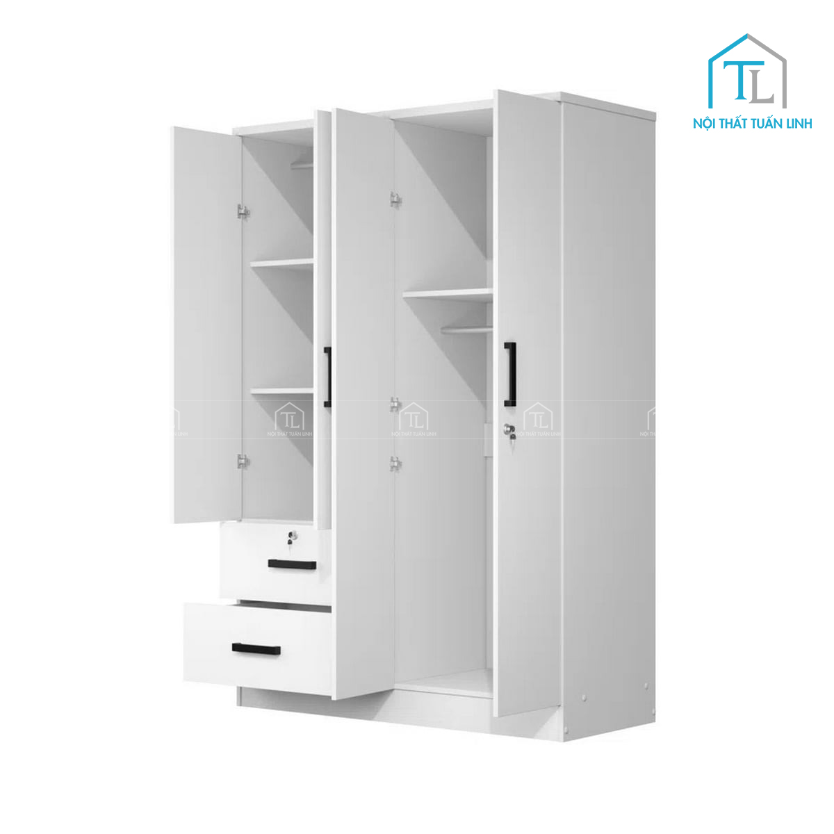 Tủ quần áo MDF màu trắng, thiết kế tiện lợi nhiều ngăn
